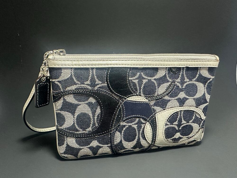 Coach Vintage Y2K Signature Denim Patchwork Wristlet Blue Leather